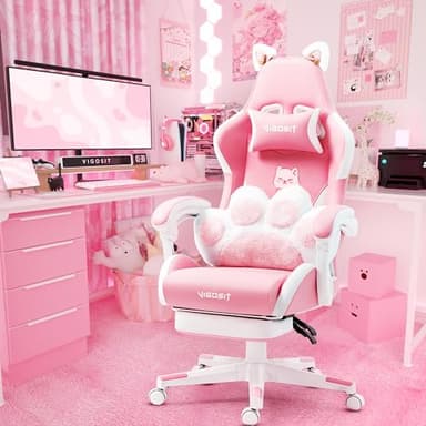 Vigosit Cat Ears PU Leather Gaming Chair Ergonomic Adjustable Office Desk Computer Chairs for Gamers Adults Kids 360 Degree Swivel Recliner 45in Height, Pink - Image 1
