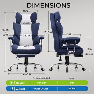 GTRACING Gaming Chair,Office Chair with Pocket Spring Lumbar Support, Ergonomic Comfortable Wide Office Desk Computer Chair with Outward Fixed Soft Armrests and Footrest (Fabric, Dark Blue & White) - Image 2