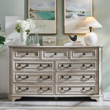 T4TREAM Farmhouse 9 Drawers Dresser for Bedroom, 54" Wide Wood Rustic Chest of Drawers with Natural Texture, Vintage Design, Storage Dressers Organizer for Bedroom, Living Room, Light Rustic Oak - Image 3
