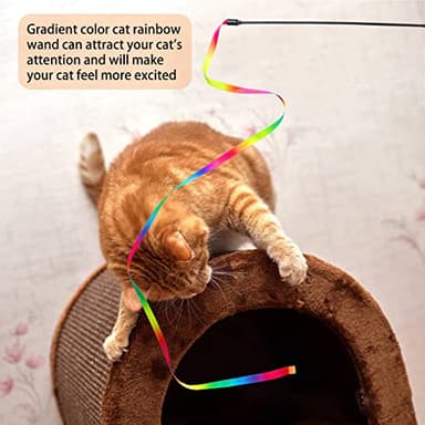 M JJYPET Cat Wand Toys Interactive Kitten Toys for Indoor Cats Colorful Teaser Wand String for Exercise Kitten Stick Kitty Rope Toy Rainbow Ribbon Cat Charmer -2Pcs - Image 3