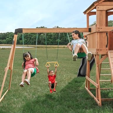 Backyard Discovery Sterling Point Cedar Wood Swing Set with Wave Slide, Raised Clubhouse, Wooden Bridge, Rock Wall, Belt Swings, Web Swing, Trapeze, Balcony, Climbing Wall, Ladder, Outdoor Playset - Image 8