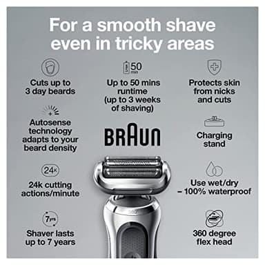 Braun Series 7 7032cs Flex Electric Razor for Men, Wet & Dry, Electric Razor, Rechargeable, Cordless Foil Shaver with Beard Trimmer and Charging Stand, Silver - Image 3