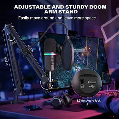 WMT USB Microphone with Boom Arm, Condenser Gaming Mic for PC/MAC/PS4/PS5, with Brilliant RGB Lighting Headphone Output Volume Control, Mute Button, Pop Filter, for Streaming Podcast YouTube Discord - Image 3