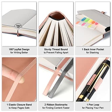 Lined Journal Notebook, Large A5 College Ruled Notebook, 312 Numbered Pages Work Notebook with Index Stickers, 100gsm Thick Paper, Hardcover Vegan Leather Journal for Women Men School Office, Pink - Image 3