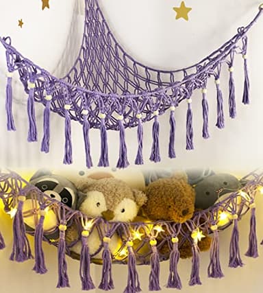 Stuffed Animal Hammock Corner with LED Light - Toy Storage Hammock Plushie Net Organizer - Teddy Bear Stuffy Hammock - Purple Nursery Decor Baby Kids Bedroom Nursery Furniture - Image 1