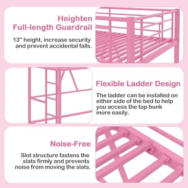 VECELO Loft Bed Twin Size, Metal Bedframe with Removable Ladder and Safety Guardrail, No Box Spring Needed, Space Saving, Noise Free, Pink - Image 6