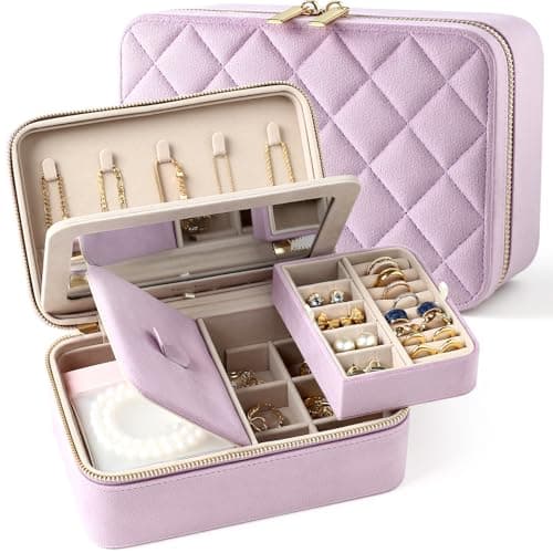 Lumayina Velvet Travel Jewelry Box with Large Mirror, Double-Layer Jewelry Organizer Case for Women and Girls, Portable Storage Case with 6 Anti-Tarnish Bags Gift Ready for Her (Lavender) - Image 1