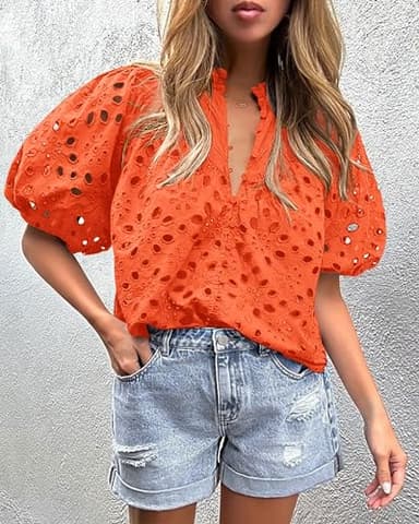 PRETTYGARDEN Women's Summer Tops 2025 Dressy Casual Short Sleeve V Neck Buttons Hollow Out Lace Embroidered Blouses Shirts (Orange,Large) - Image 7