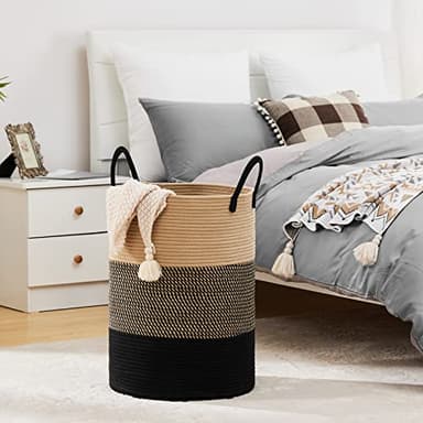 Fiona's magic 72L Large Woven Laundry Hamper, Tall Cotton Rope Storage Basket, Jute Baby Nursery Hamper for Blankets, Toys and Clothes in Bedroom and Living Room Organizing, Brown & Black - Image 7