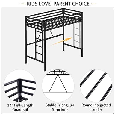 SHA CERLIN Loft Bed Twin Size with Ladder and Guardrail,Heavy Duty Metal Slats Support No Box Spring Needed Small Space Saving Furniture for Bedroom Dorm,Black - Image 6