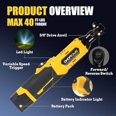 SPICIMOMO Electric Ratchet 3/8", 40Ft-lbs Cordless Ratchet Wrench Set with Battery & Charger (2 Pack, 2.0Ah), Power Torque Wrench Kit 18V with 6 Sockets, LED Light - Image 2