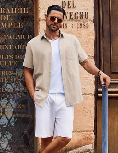 COOFANDY Men's Casual Button Down Shirts Vacation Shirts Camp Shirts Short Sleeve Khaki - Image 3