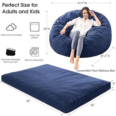 Bean Bag Chairs for Adults - Giant Bean Bag Chair Convertible Bean Bag Bed - Beanbag Chair with Micro Fiber Cover/Furniture Foam Filler - Floor Couch Sofa in Bedroom Dorm Room - Queen Navy Blue - Image 3