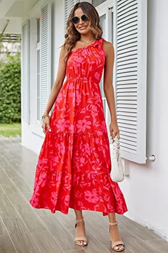 PRETTYGARDEN Women's Summer Floral Maxi Dress Knot One Shoulder Sleeveless Ruffle Flowy Boho Beach Wedding Guest Dresses (Red Floral,Small) - Image 2