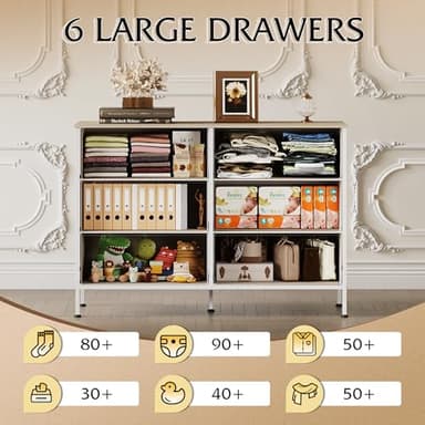 WLIVE 6 Drawer Dresser for Bedroom, Wide Fabric Dresser TV Stand for 50 Inches TV with Metal Frame, Wooden Top, Chest of Drawers, Storage Organizer for Living Room, Hallway, Light Grey - Image 4