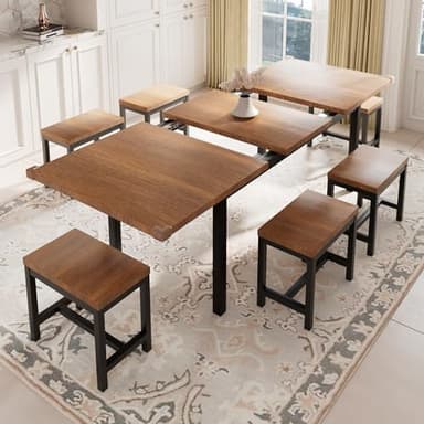 Feonase 7-Piece Dining Table Set with 6 Stools, 63" Large Extendable Kitchen Table Set for 4-8, Mid-Century Dining Room Table with Heavy-Duty Frame & MDF Board, Easy Assembly, Walnut - Image 7