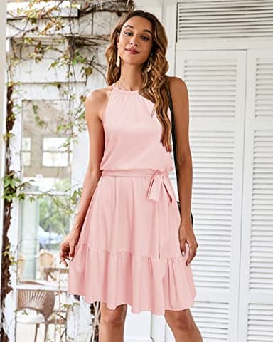 Newshows Women's 2025 Summer Dress Halter Casual Beach Vacation Outfits Hawaiian Dresses Ruffle Belted Sundress with Pockets(Pink, S) - Image 3