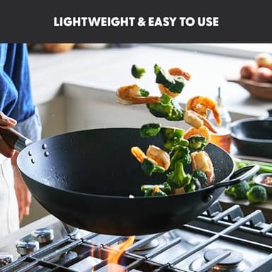 GreenPan Carbon Steel Wok 14”, Flat Bottom, Durable Stir-Fry Pan, Pre-Seasoned Ready to Use, High Heat Retention, Induction, Ash Wood Handle, Kyoto, Black - Image 5