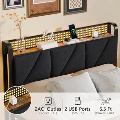 Furnulem Full Bed Frame with LED Lights,Headboard with Charging Station and USB Port,Upholstered Platform Bedframe Metal Support,No Box Spring Needed - Image 5