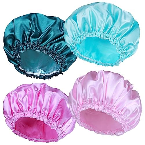 Shower Caps for Women, 4 PCS Elastic and Reusable Bath Caps, Double Waterproof Layers Shower Cap, Bathing Shower Caps, Environmental Protection Hair Bath Hat - Solid Color - Image 1