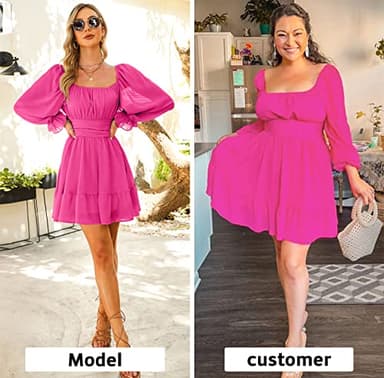 EXLURA Women's 2025 Casual Long Lantern Sleeve Dresses Square Neck Ruffle Tie Back Elastic Waist Aline Short Mini Dress Hot Pink - Image 3