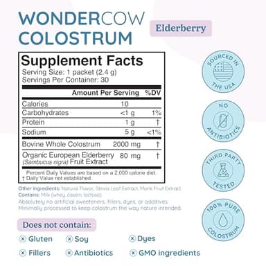 WONDERCOW Colostrum Supplement Powder for Gut Health, Immune Support, Muscle Recovery & Wellness | Natural IgG Pure Whole Bovine Colostrum Superfood, Elderberry, 30 Servings - Image 2