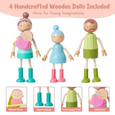 Giant bean 36pcs Wooden Dollhouse Furniture Set with Dolls for 5 Rooms, Wood & Plastic Pink Dollhouse Accessories Pretend Play Furniture Toy Christmas Birthday Gift Toy for Kids Boys Girls Toddler 3+ - Image 4