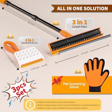 leishiyen Carpet Rake for Pet Hair Removal - 3 in 1 Pet Hair Remover Tool with 58" Adjustable Long Handle,Reusable Dog & Cat Carpet Scraper,Pet Hair Remover for Rugs,Mats,Couch,Curtains(Orange) - Image 2