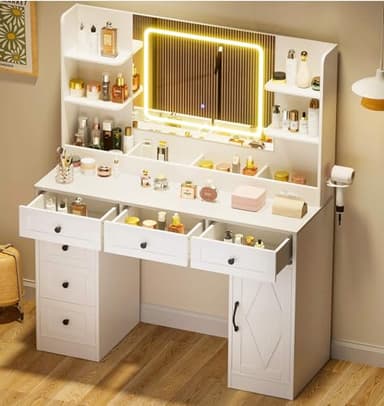 COMHOMA Makeup Vanity Desk with Mirror and Lights, Large Vanity Table with 6 Drawers & 1 Storage Cabinet, White Bedroom Dresser Table for Girls, 3 Color Modes Adjustable Mirror, White - Image 1