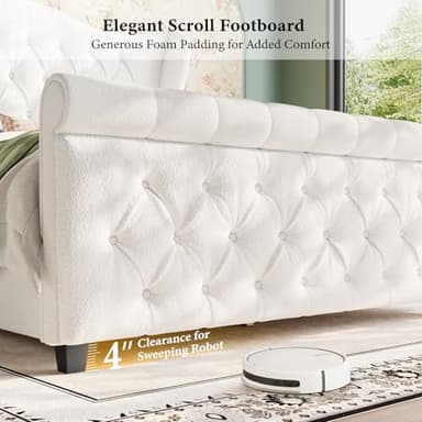 Queen Size Bed Frame-Upholstered Platform Chenille Sleigh Bed-51 inch Scroll Wingback Tall Headboard Footboard-Deep Button Tufted-Easily Assemble-Wood Slats Support-No Box Spring Required-Cream - Image 5