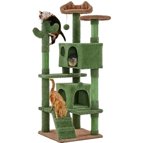 Yaheetech Cactus Cat Tree, 54.5in Tower w/Ramp, Animal-Ear Shaped Perch, Scratching Posts, Platform & Hanging Ball, Multi-Level Condo for Indoor Kittens, Green/Brown - Image 1