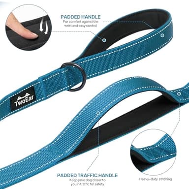 TwoEar 6FT 1IN Strong Blue Dog Leash with 2 Padded Handles, Traffic Handle Extra Control, Comfortable Soft Dual Handle, Auto Lock Hook, Reflective Walking Lead for Small Medium and Large Dogs - Image 4
