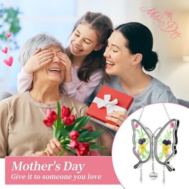 Gifts for Grandma Butterfly Suncatcher with Real Flowers Handmade Butterfly Wind Chime Gift for Grandma Nana Unique Birthday Gifts for Nana Hanging Ornament for Wall Window Garden - Image 2