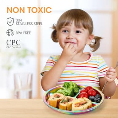 AIEVE Stainless Steel Kids Plates, 4 Pack Round Divided Toddler Plates, Portion Control Plate 9 Inch - Image 2