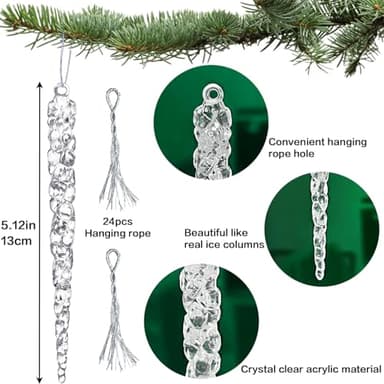 Jishi 24pk Christmas Icicle Ornaments for Christmas Tree Decorations, Hanging Acrylic Crystal Christmas Ornaments 5.1" Clear Plastic Icicles for Christmas Tree, Winter Wonderland Decorations Supplies - Image 2