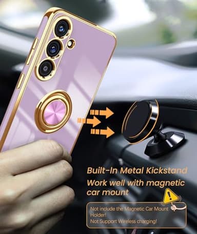Dretal for Samsung Galaxy 25 Plus 5G Case, Screen Protector, 360° Rotatable Ring Holder Magnetic Kickstand,Plated Gold Edge Slim Soft TPU Protective Phone Case Cover for Galaxy 25+ (Purple) - Image 6
