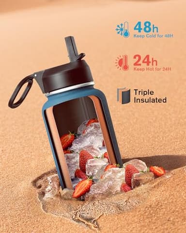 Water Bottle 40 oz Insulated with Straw, Coolflask Stainless Steel Metal 3 Lids Water Flask for Sports or Office, Keep Cold 48H Hot 24H, Samurai Cyan - Image 3