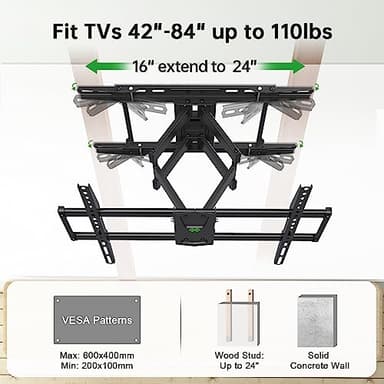 USX MOUNT Full Motion TV Wall Mount 42"-84" TVS, Fits 16" 18" or 24" Studs, Heavy Duty TV Mounts Bracket with Dual Articulating Arms Tilt Swivel Extension Max VESA 600x400mm, Weight Capacity 110lbs - Image 2
