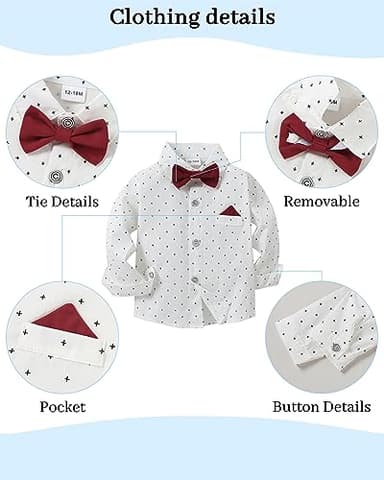 DISAUR Toddler Boy Wedding Outfits Short Sleeve White Flower Dress Shirt Bow Tie Suspender Christmas Red Plaid Pants Baptism Outfits For Boys 12 Months 1t 18 Months - Image 5