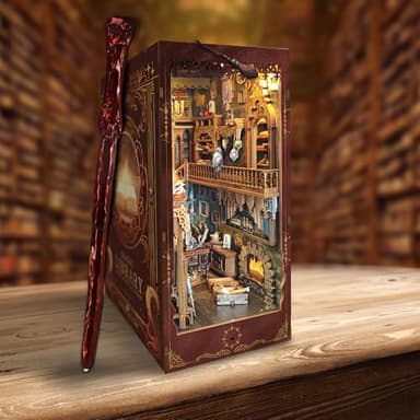 Book Nook Kit w/Remote Wand, DIY Dollhouse Booknook Magic 3D Bookshelf Insert Decor Craft Building Set Gift for Teens Adults as Halloween Christmas Day Gift - Magic Library-Brown - Image 5
