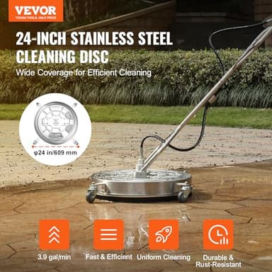 VEVOR 24" Pressure Washer Surface Cleaner w/Handles & Wheels, Stainless Steel Concrete Cleaner 4000 Max PSI, 3/8" Connector & 1/4" Adapter Power Washer Floor Attachment,for Floor Driveway, Patio - Image 2