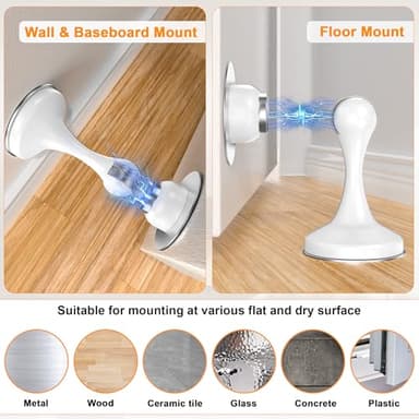 Crosize Magnetic Door Stoppers 2 Pack, Stainless Steel Door Stops for Wall and Floor Mounting, Door Holder Keep Door Open, No Drilling Door Stop with Adhesive Tapes, White - Image 4