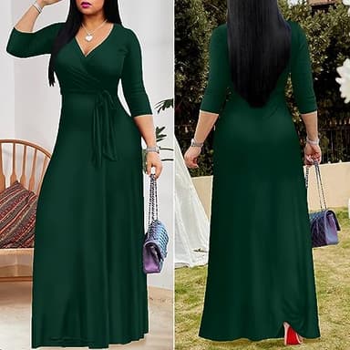 FANDEE Women's 2025 Maxi Dress - Solid Color Bohemian Summer Long Maxi Dress V-Neck 3/4 Sleeve Green XL - Image 4