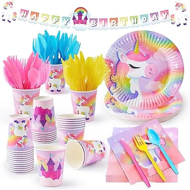 JOYIN 145 Pcs Unicorn Birthday Party Supplies with Unicorn Banner for Girls, 24 Serves Unicorn Disposable Tableware Set with Plates , Cups, Napkins, and Cutlery Sets for Unicorn Themes Party Kids - Image 9