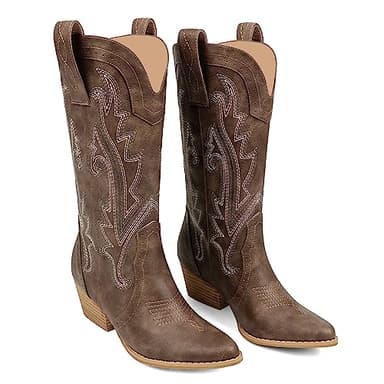 Zzheels Women Mid-calf Cowboy Boots Pointy Toe Boot Embroidered Western Cowgirl Boots Chunky Heels Brown US8.5 - Image 1