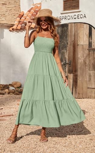 PRETTYGARDEN Summer Dresses for Women 2025 Spaghetti Strap Floral Maxi Dress Sleeveless Smocked Tiered Long Beach Sundress (Bean Green,M) - Image 4