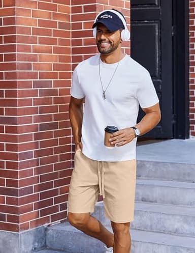 COOFANDY Men Casual Shorts 9" Elastic Waist Drawstring Beach Shorts Big and Tall, Light Khaki, Small - Image 3