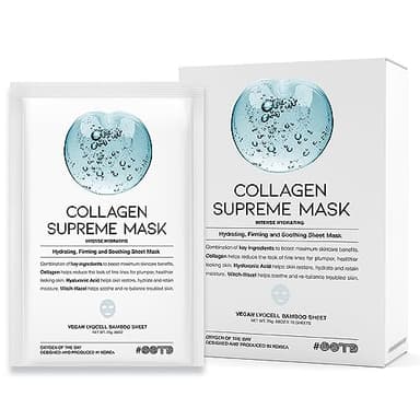 #OOTD Collagen Hydrating Sheet Masks for Face Korean Anti Aging Mask Sheet for Dry Skin & Sensitive Skin, EVE Vegan, Not Tested on Animals, No Parabens, No Sulfates, Hyaluronic Acid, Witch Hazel 10EA - Image 1