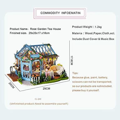 CUTEBEE Dollhouse Miniature House with Furniture, DIY Dollhouse Kit with Dust Proof, Music Movement, 1:24 Scale Creative Room for Gift for Family and Friends (Rose Garden Tea House) - Image 5