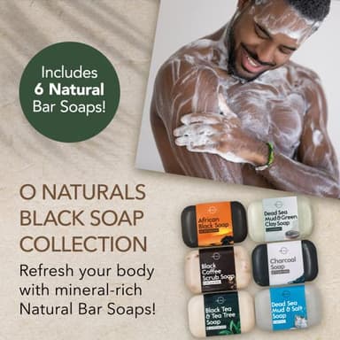 O NATURALS 100% Natural Bar Soap - Gift Set - Organic Ingredients & Essential Oils - Spa Gifts for Women & Men, Body Wash & Face Soap - 6PC Black Soap Collection - Image 2